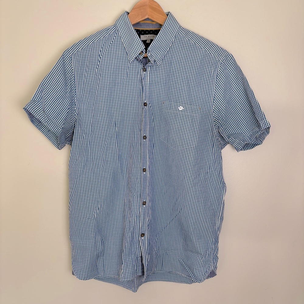 Ted Baker London Men's “Spy Eye” Slim Short Sleeve Shirt-Green/Blue Check-5/XL